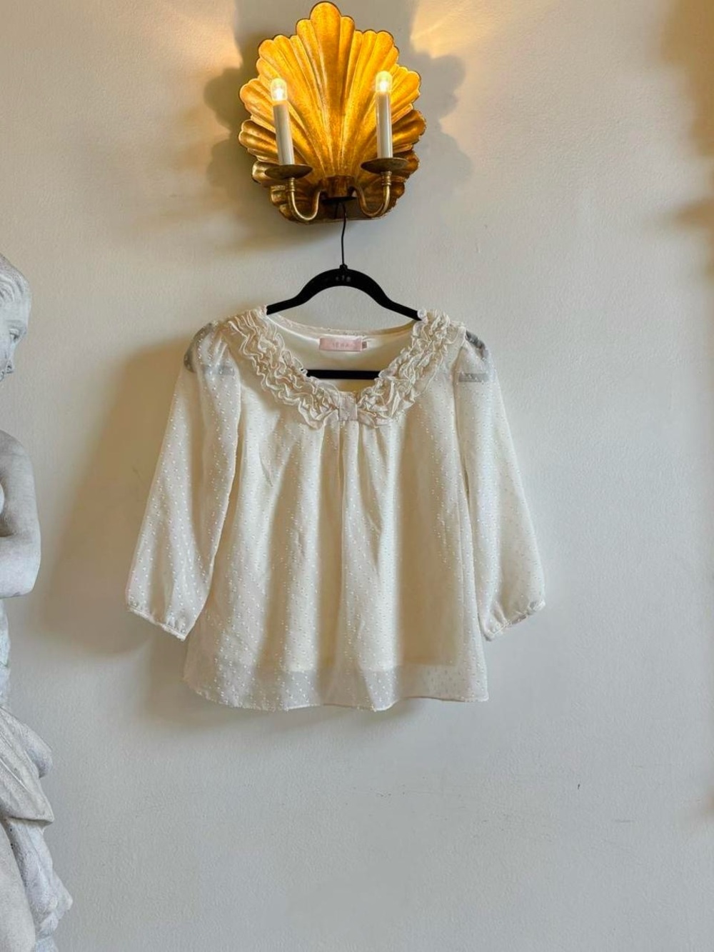 Feminine Ruffle-Neck Ivory Blouse